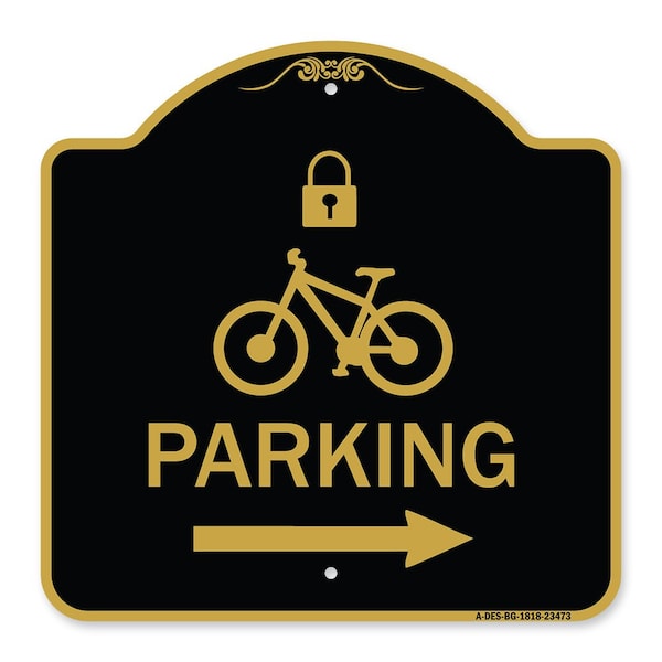 Signmission Parking W/ Lock Cycle & Right Arrow, Black & Gold Aluminum Sign, 18" x 18", BG-1818-23473 A-DES-BG-1818-23473 - main